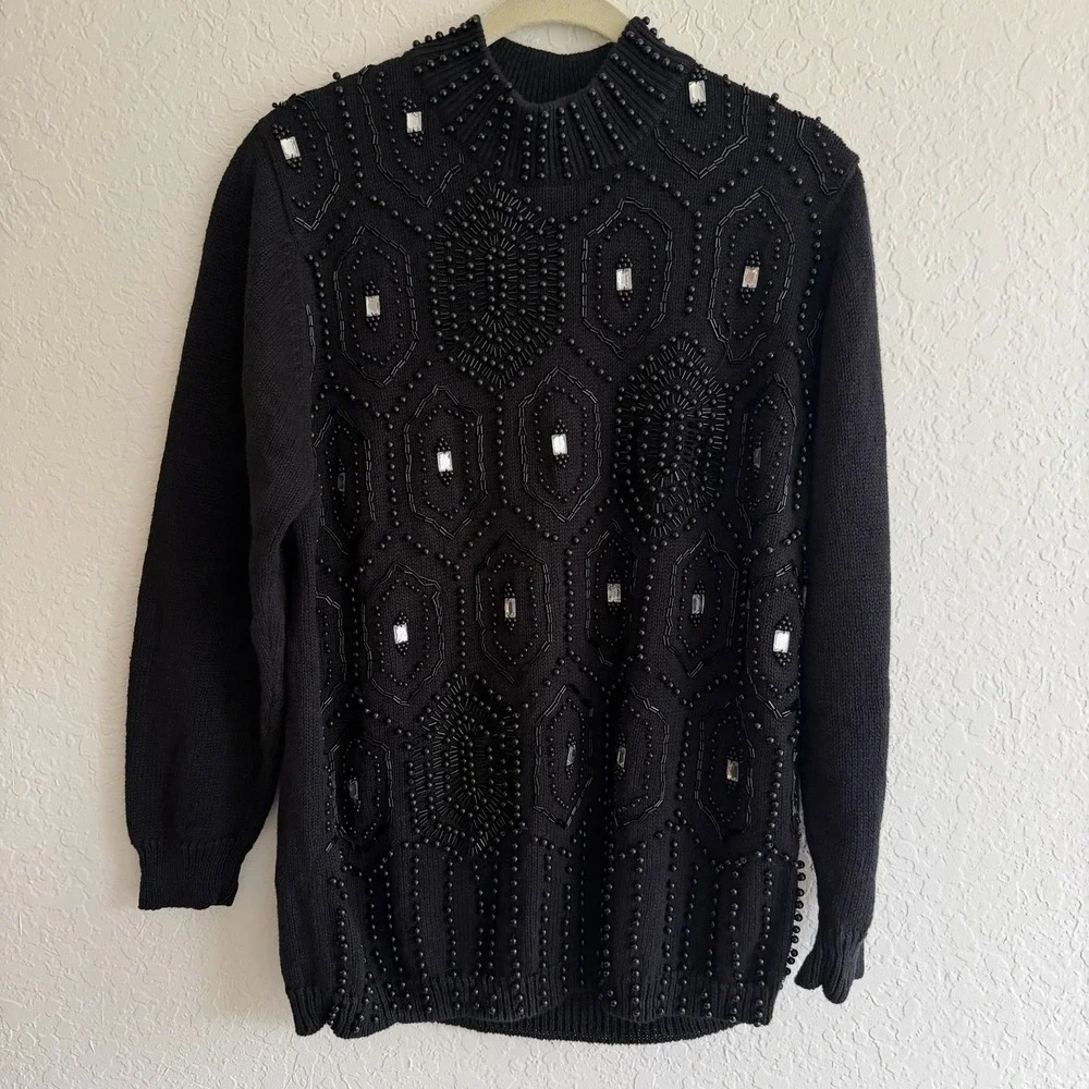 Vtg Womens Sweater XL Black Beaded Rhinestone Mock Neck Cotton Ramie Party 80s